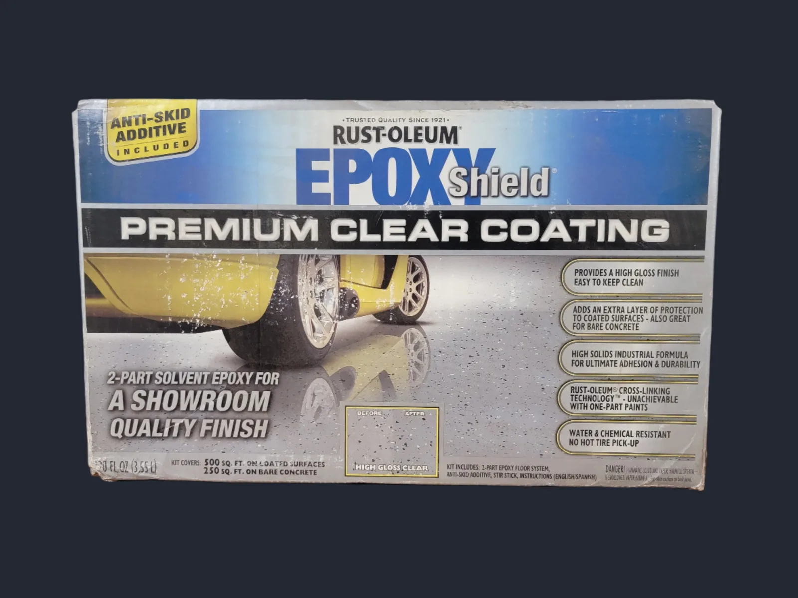 Rust-oleum, epoxy shield, clear solvent based garage floor coating (rare find !!!)
