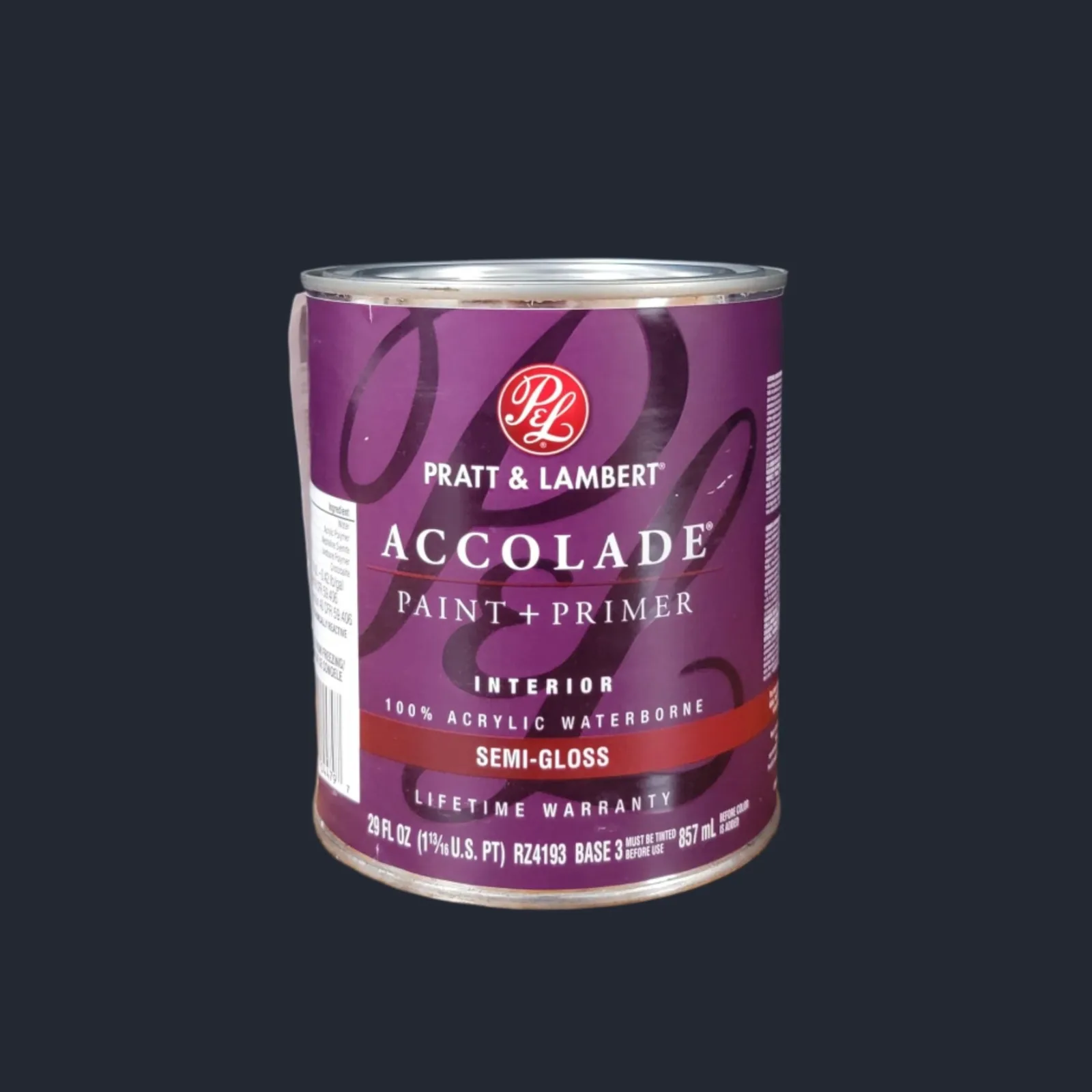 Pratt and Lambert Accolade, simi-gloss, quart size 3 base